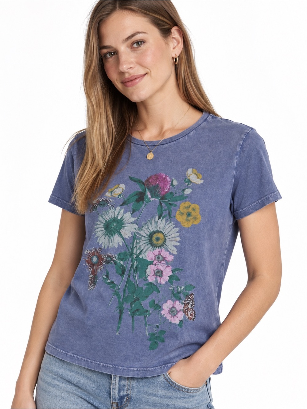 Lucky Brand Blue Floral Butterfly Graphic Tee Boho Cottagecore Size L
